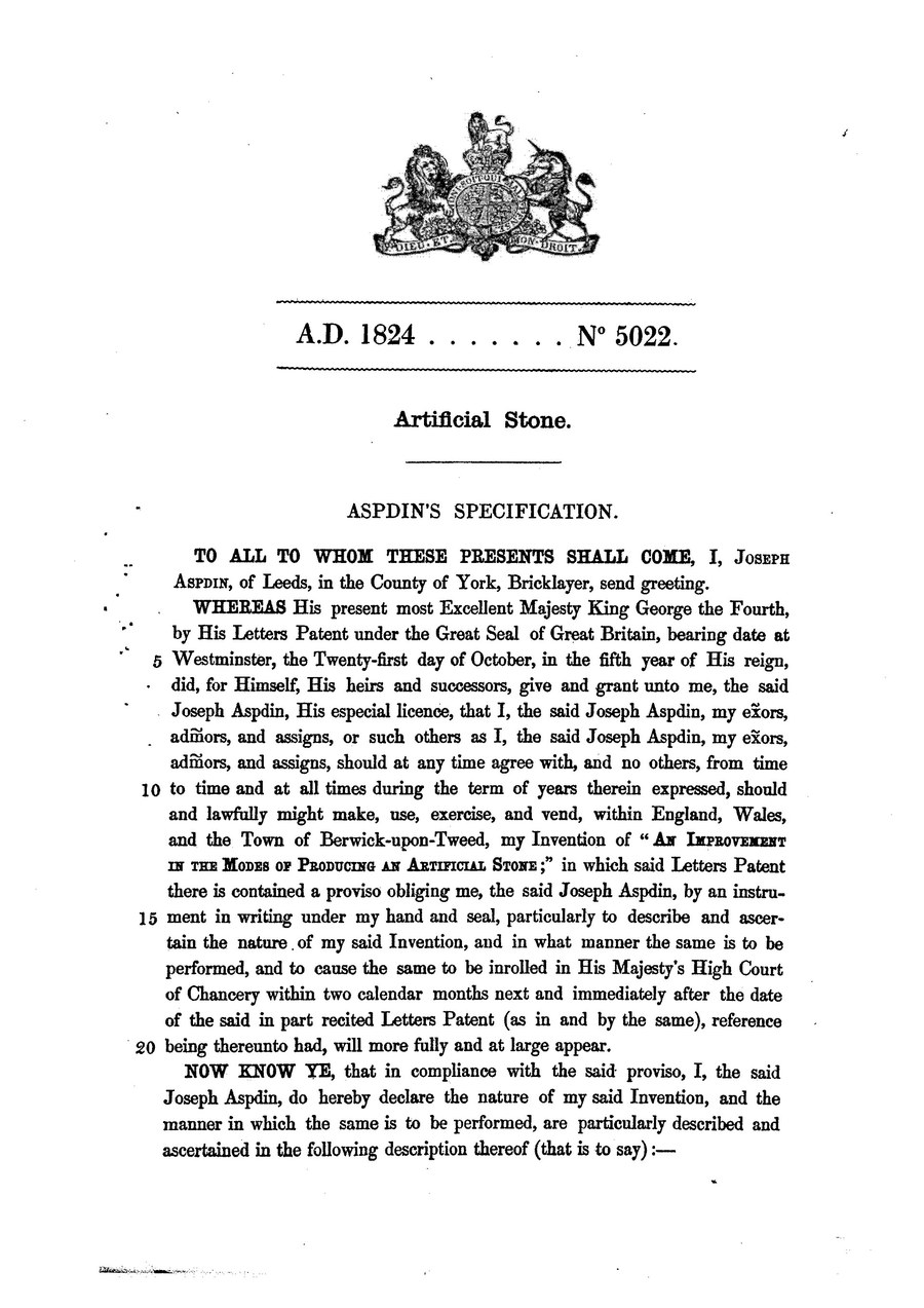 Folha 1 da patente britânica no 5022, de 1824, de Joseph Aspdin, intitulada Artificial Stone